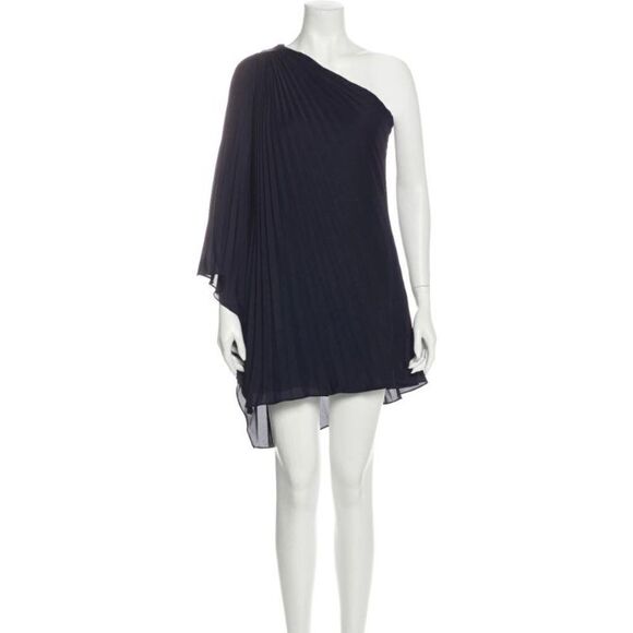Halston Heritage One-Shoulder Pleated Cape Mini Dress In Navy Blue Size: XS - Picture 1 of 5